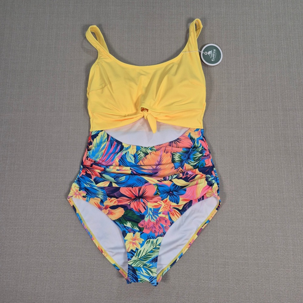 EOMENIE Women One Piece Swimsuit Yellow Floral Tummy Control Cutout Tie Knot M